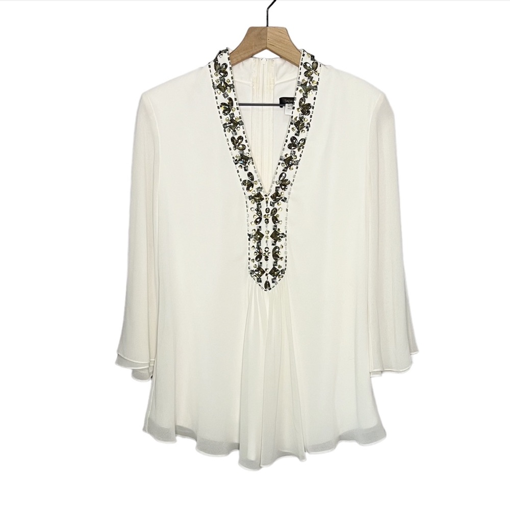 Tadashi Shoji Rhinestone Beaded Embellished 3/4 Sleeve Top in Cream/Ivory 6
